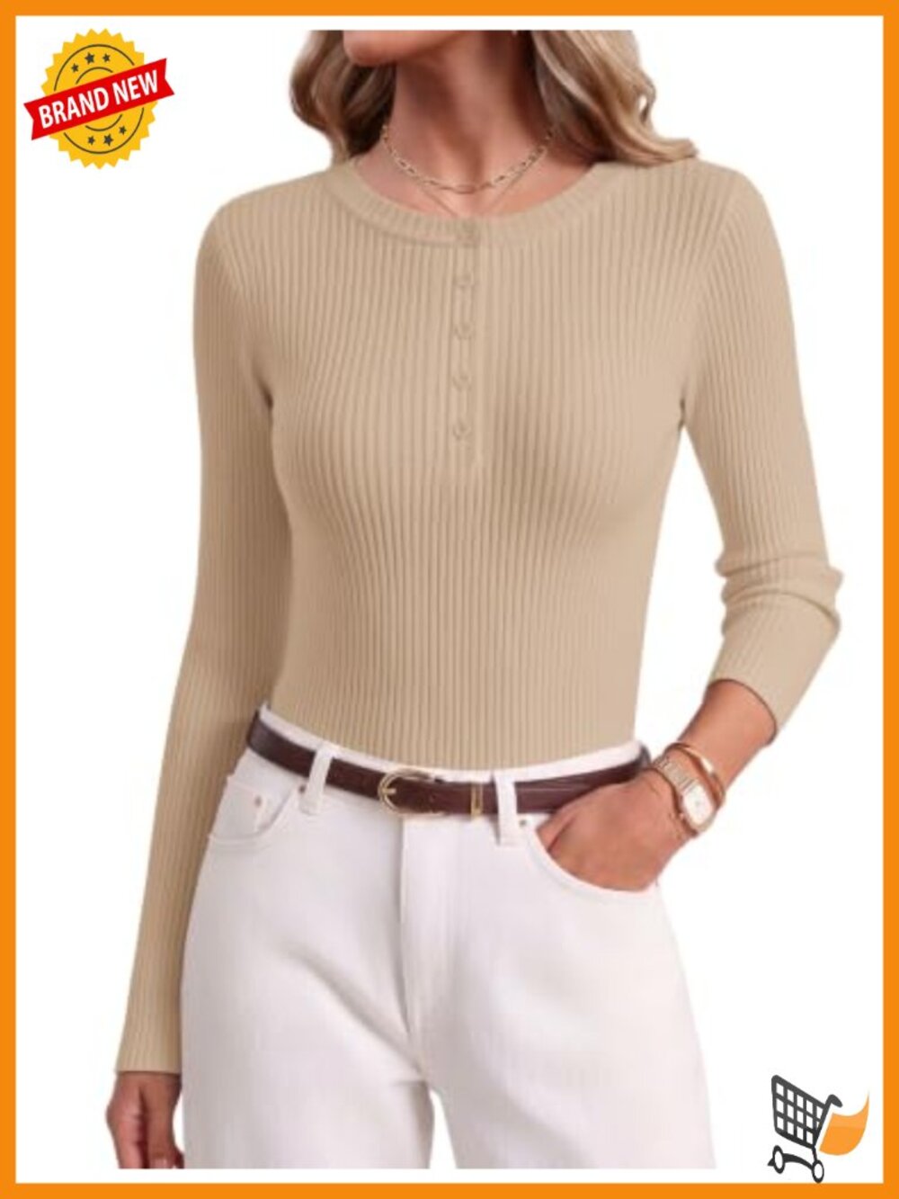 Women Long Sleeve Henley Sweater Rib Knit Button Front Slim Fit Lightweight